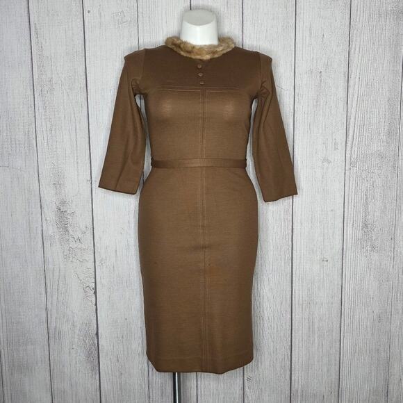 Vintage Brown Midi Dress with Fur Collar Trim *has damage* READ - sz M/L - Picture 1 of 7